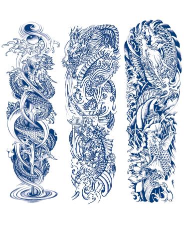 Semi Permanent Tattoos Sleeve  3-Sheet Dragon Full Arm Sleeve Temporary Tattoo Stickers 100% Plant-Based Ink Fake Sleeve Tattoos
