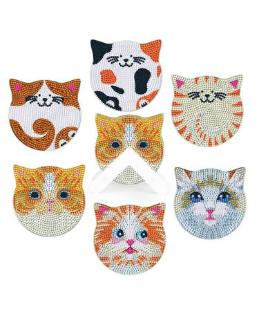 MVVMTOP 6 Pcs Diamond Painting Coasters with Dimensional Holder  DIY Cat Coaster Diamond Art Kits Non-Slip Coaster for Beginners  Kids and Adults Art Craft Supplies Face Cat