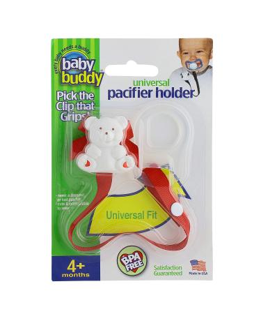 Baby Buddy Universal Pacifier Holder Clip Snaps to Paci or Attach with Universal-Fit Silicone Ring  Pacifier Clip  for Babies 4 Months and Up/Toddler Boys & Girls  Baby Must Haves  Red  1 Pack