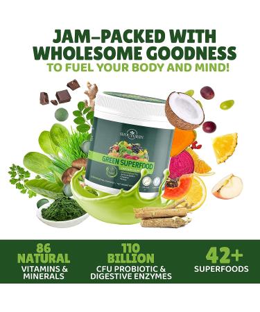 SHOUTGRIIN Organic Green Juice Superfood Powder - Fruit & Veggie Smoothie Drink - Natural Fiber Supplement for Energy, Immunity & Digestion - 9.5 oz - Buy Online on GoSupps.com