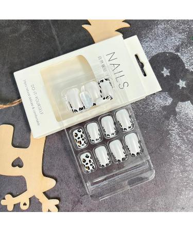 Leopard French Tip Square Acrylic Press On Nails | Silvery White Designs | Glossy Finish | Women & Girls Nail Decor - Style 12 - Buy Online on GoSupps.com
