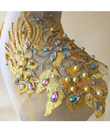Mirror Pair Beaded Floral Lace Applique with Colorful Rhinestones, Jewelry Motif Embroidery Shoulder Patch for Party Costumes and Dance Dress in Gold - Buy Online on GoSupps.com