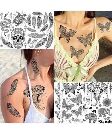 Yezunir 86+ PCS Black Lotus Temporary Tattoos for Women - Tribal Elephant, Wolf, Lion, Snake, Turtle, Feather, Butterfly, Mandala Flower - Bohemia Tattoo Sticker Set for Adults - Buy Online on GoSupps.com