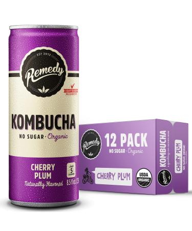 Remedy Kombucha Tea Organic Drink - Sugar Free, Keto, Vegan & Gluten Free - Sparkling Live Cultured, Small Batch Brewed Beverage - Cherry Plum - 8.5 Fl Oz Can, 12-Pack Cherry Plum 8.5 Fl Oz (Pack of 12)