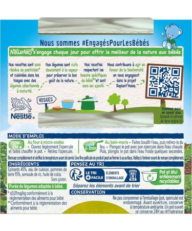 Nestl - NaturNes Pur e Epinards - Pur e de L gumes pour B b 4 Mois+ - Alimentation B b Cuite la Vapeur - Recette Naturelle Sans Sel Ajout - Sans Colorant ni Conservateur - Fabriqu e en France - Buy Online on GoSupps.com