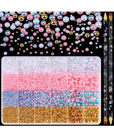 8420 PCS 4 Colors ABS Half Pearls for Crafts, 3/4/5/6/8/10 mm Flat Back Pearl Half Round Pearls Beads with Self Adhesive Resin Picker Pencil for DIY Phone Nail Shoe(White, Pink, Peach Blue, Gold) Mix-Color