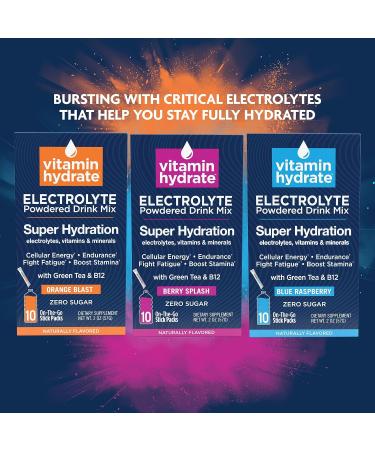 Vitamin Hydrate Electrolyte Drink Mix Super Hydration Boost Stamina 0 Sugar Blue Raspberry 10 Stick Packs - Buy Online on GoSupps.com