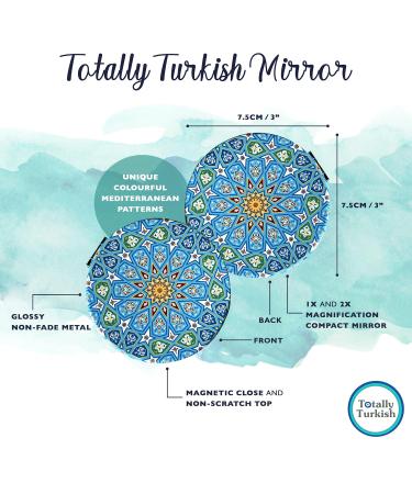 Totally Turkish Metal Compact Mirror Small Folding Round Mirror With Magnetic Close 1x & 2x Magnification For Handbags Make-Up Travel & Commutes Bright & Funky Geometric Pattern (Sky Blue) - Buy Online on GoSupps.com