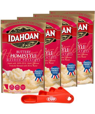 Idahoan Foods Buttery Homestyle Mashed Potatoes 4 oz Bag (Pack of 4) with By The Cup Swivel Spoon