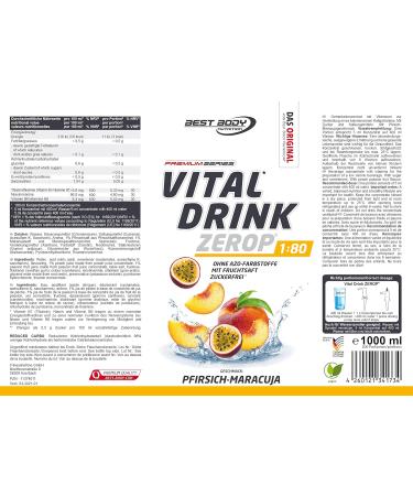 Best Body Nutrition Vital Drink Zerop - Sugar-Free Peach Maracuja Concentrate - Makes 80 Liters - 1L Pack for Optimal Hydration - Buy Online on GoSupps.com