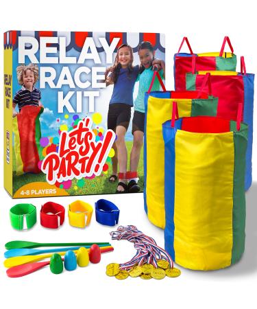 Outdoor Games for Kids and Adults, 4 Player Outdoor Party Games, Potato Sack Race Bags, Egg Spoon Relay Race, and 3 Legged Race Bands for Easter Games, BBQ, Family Reunion, Birthday Party (32pc Set)