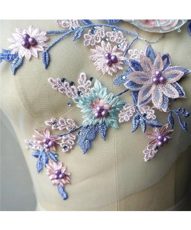 IXUEYU Lace Fabric 3D Flowers Appliques with Beads & Rhinestones - DIY Wedding Decor Dress Patch (Blue + Purple) - Buy Online on GoSupps.com