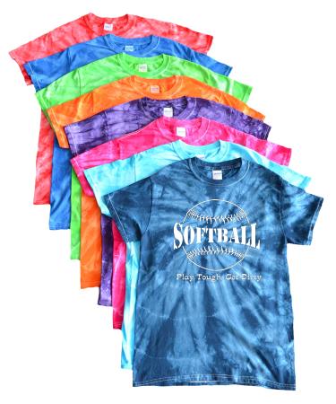 JANT girl Softball Tie Dye T-Shirt - Play Tough, Get Dirty Large White Logo Turquoise 14-16