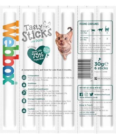 Webbox Tasty Sticks Cat Treats Duck - Kitten Friendly Wheat and Grain Free No Artificial Colours (25 x 6 Packs) - Buy Online on GoSupps.com