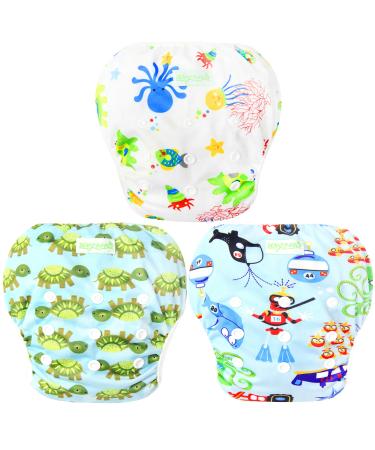 wegreeco Baby & Toddler Snap One Size Adjustable Reusable Baby Swim Diaper (Diving, Ocean, Turtle, Large, 3 Pack) Large (Pack of 3) Diving,ocean,turtle