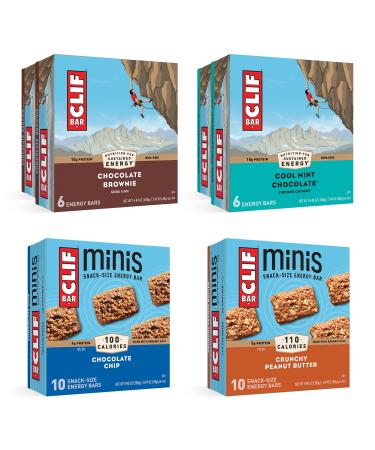 CLIF BARS - 24 Full Size and 20 Mini Energy Bars - Chocolate Chip, Crunchy Peanut Butter, Chocolate Brownie, Cool Mint Chocolate (2.4oz and 0.99oz Protein Bars, 44 Count) Full Size and Minis Variety Pack