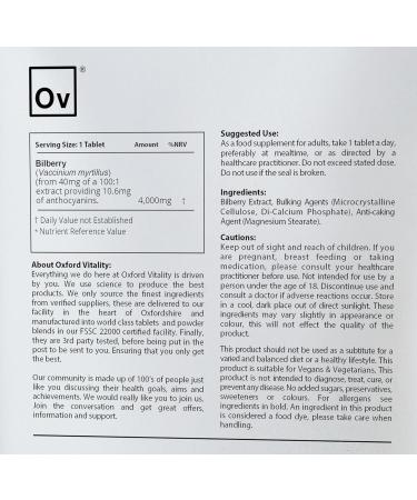 Oxford Vitality Bilberry Supplements | 4000mg Extra Strength Tablets for Eye Health & Antioxidant Support (120 count) - Buy Online on GoSupps.com