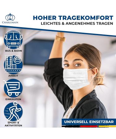 Charlemain 50x Medical Masks - EN 14683 Type IIR BFE 99.9% 3-Layer Latex-Free One-Way Face Protection - Made in Germany (White 50 Pack) - Buy Online on GoSupps.com