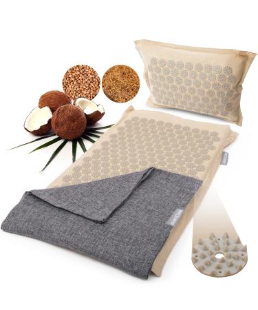 Neo -Olympus AkuPressurmatte with pillow and acclimatization filled with coconut fibers and buckwheat - massage mat with 7.452 pressure points - video instructions with acupuncture matte exercises (beige) acupress tower platform beige