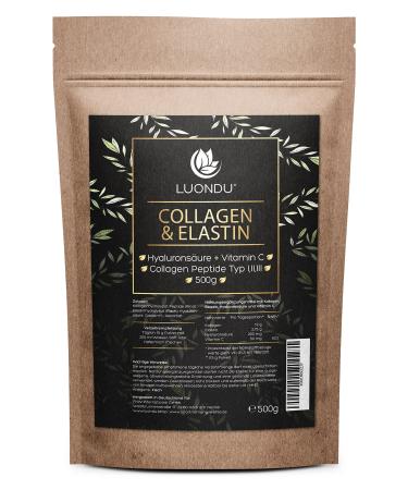 LUONDU collages powder with elastin hyaluronic acid & vitamin C - Bioactive collagen hydrolysate peptides type I II & III - optimal solubility & bioavailability - neutral - 500g