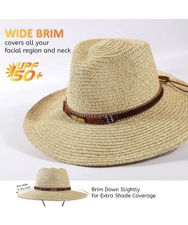 UPF 50+ Wide Brim Straw Sun Hat with Wind Lanyard - Beige/Brown, One Size - Buy Online on GoSupps.com