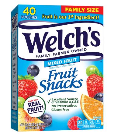 Welch's Fruit Snacks, Mixed Fruit, Gluten Free, Bulk Pack, 0.9 oz Individual Single Serve Bags (Pack of 40) Mixed Fruit 0.9 Ounce (Pack of 40)