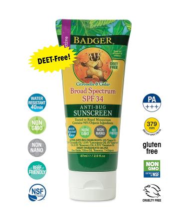 Badger Anti-Bug Sunscreen SPF 34 PA+++ | Citronella & Cedar | 2.9 fl oz - Buy Online on GoSupps.com