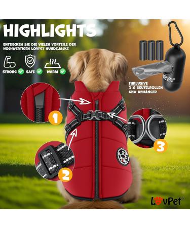 Lovpet Dog Jacket & Coat - Waterproof Padded Winter Vest with Reflectors D-Ring & 45 Feces Bags - 2XL Bordeaux Red for Dogs - Buy Online on GoSupps.com