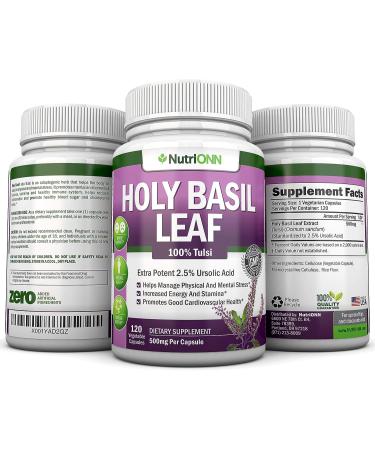 NutriONN Holy Basil Leaf Capsules 500mg - 120 Vegan Capsules - Tulsi Extract Supplement with Ursolic Acid - Adaptogenic Ayurvedic Herb for Positive Mindset - Buy Online on GoSupps.com