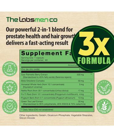 3X Formula Natural Prostate Health Supplements for Men - Saw Palmetto Reduce Nighttime Bathroom Trips + Hair Growth/Hair Loss Prevention 2-Mons (60 Count (Pack of 1)) - Buy Online on GoSupps.com