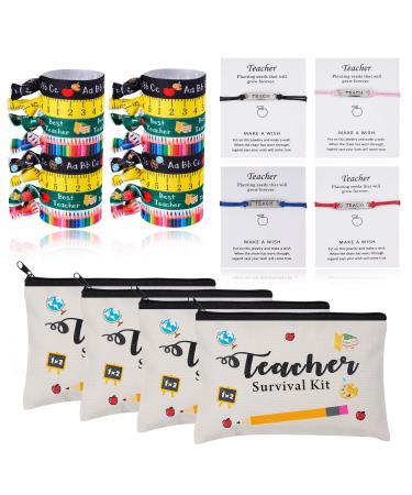 24pcs Teacher Appreciation Gifts 4 Makeup Pouch Cosmetic Bag and 4 Teach Blessing Card Bracelets with Greeting Card and 16 Teacher Hair Ties No Crease Ribbon Hair Ties Elastic Ponytail Holder
