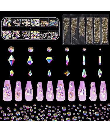 1848 pcs AB Crystal Nail Art Set 1728pcs Rhinestones Nail Gems Iridescent Clear Class,120pcs Multi-Shape Flat Back Shiny Nail Jewels for Nail Art DIY Crafts A 1848pcs White AB