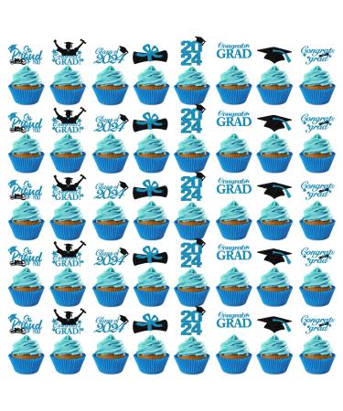 Graduation Cupcake Toppers 2023 Glitter Class of 2023 Cupcake Toppers Supplies Class of 2023 Congrats Grad Cap Diploma Cupcake Picks for Graduation Party Decorations 2023-24Pcs (Blue)