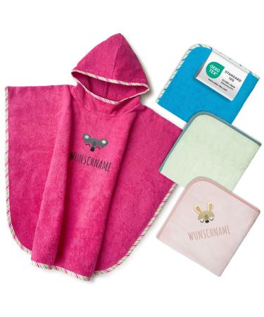 My Stitchery Badeponcho children with names embroidered Oeko -Tex Standard 100 - Personalized hooded towel made of pure cotton with embroidered name and motif (pink)