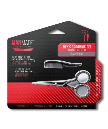 ManMade: Men's Grooming Set Mustache and Beard Scissors + Free Comb, Two-Piece Grooming Essentials, Stainless Steel Facial Hair Scissors for Men (Red)