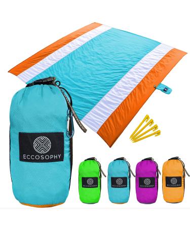 ECCOSOPHY Sandproof Beach Blanket - Oversized Sand Free Beach Mat 9'x10' - Lightweight Outdoor Mat - Double Anchored with 4 Corner Sand Pockets & Plastic Stakes - Heat Proof, Quick Drying & Compact Blue