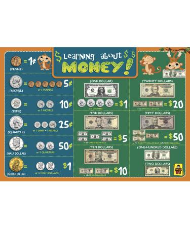 UNCLE WU Learning About Money Placemats - Early Childhood Education Materials Preschool -16 x 12 inch Waterproof Poster Learning Money