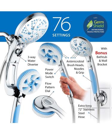 High Pressure 6-in-1 Aquassage by AquaCare - 76-mode Combo Showerhead with Hand Shower, Body Brush, Hair Brush & Arm in One! Stainless Steel Hose, Brush Holder - All-Chrome - Buy Online on GoSupps.com