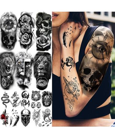 COKTAK 22 Sheets 3D Forearm Half Sleeve Temporary Tattoos - Large Tribal Lion Warrior Tiger Wolf Flower Skull Fake Tattoo Stickers for Men Women Adults - Halloween Black 3D Realistic Tatoo Rose Animals - Buy Online on GoSupps.com