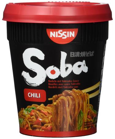 Nissin Cup Noodles Soba Cup-Chili 4 Pack Wok Style Instant pasta of Japanese with chili sauce pods & vegetables quickly prepared in the cup Asian food (4 x 90 g)
