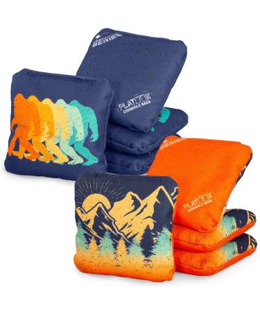 Play Platoon Competition Series Cornhole Bags Set of 8 Regulation Professional Weight Double Sided Slick and Stick with Rubber Sticky Dot Slow Side for Pro Corn Hole Bean Bag Toss Game-Designed in USA Orange/Blue Squatch & Mountain Range