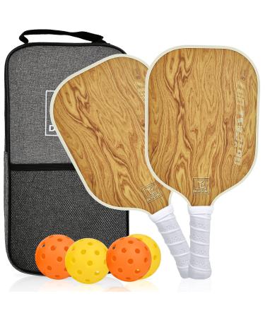 Pickleball Paddles Set of 2, 2023 USAPA Approved, Carbon Fiber Surface (CHS), Polypropylene Honeycomb Core, Anti-Slip Sweat-Absorbing Grip, 4 Pickleball, Portable Carry Bag Wood Grain