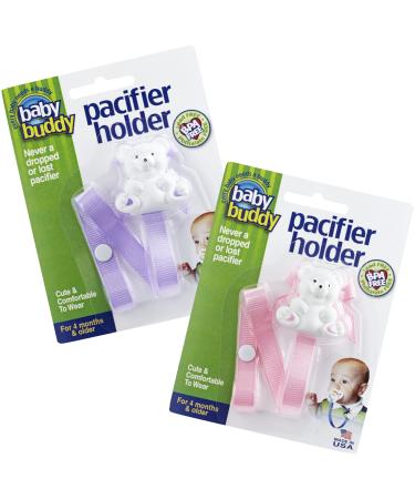 Baby Buddy Bear Pacifier Holder Clip Snaps to Paci  Teether  Toy  Clips to Baby s Shirt  Pacifier Clip - Babies 4 Months & Up/Toddler Boys & Girls  Pacifier Holder Baby Must Haves  Lilac-Pink  2 Ct Lilac/Light Pink