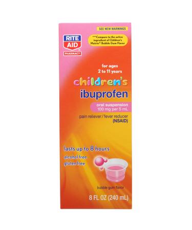 Rite Aid Children's Ibuprofen, Ages 2-11, Bubble Gum - 8 oz | Kids Pain Reliever & Fever Reducer | for Children Ages 2 to 11 Years | Ibuprofen Oral Suspension 100 mg/5 mL | Alcohol Free & Gluten Free