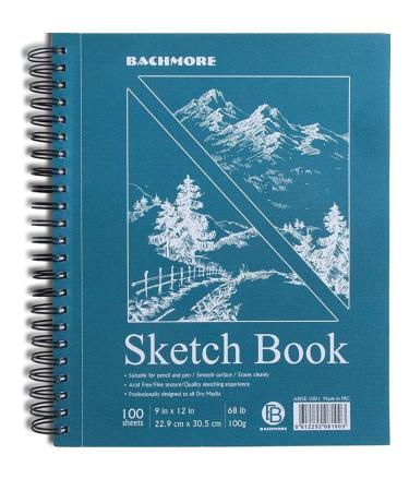 Bachmore Sketchpad 9X12" Inch (68lb/100g), 100 Sheets of Spiral Bound Sketch Book for Artist Pro & Amateurs | Marker Art, Ink Art, Colored Pencil, Acrylic Paint, Charcoal for Sketching