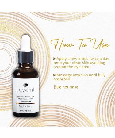 Jeuvenile Vitamin C Serum Hyaluronic Acid and Panthenol skin care Brightens Skin Reduces Blemishes Anti-Aging Nourishing Formula for All Skin Types 30ml - Buy Online on GoSupps.com