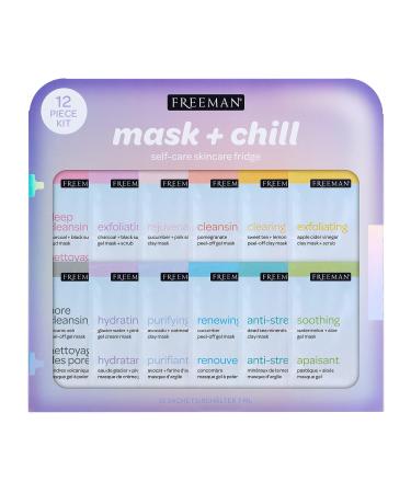 FREEMAN Limited Edition Mask & Chill Self Care Skincare Mask Holiday Kit  Face Masks To Exfoliate  Hydrate  Relieves Stress  and Refines Pores  Facial Mask Variety  12 Piece Gift Set