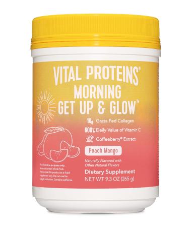 Vital Proteins Morning Get Up and Glow Collagen peptides Powder Supplement 90mg Caffeine for Energy  Vitamin C  Biotin  Hyaluronic Acid - 9.3oz Peach Mango 9.3 Ounce (Pack of 1)