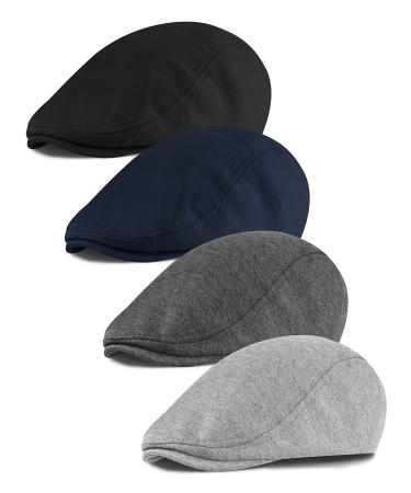 KUTTOR 4 Piece Newsboy Men's Hat Newsboy Cap Flat Cap Soft Stretch Fit Men Cap Cabbie Hunting Cap for Men Outdoor Daily Use Dark Grey, Light Grey, Navy Blue, Black