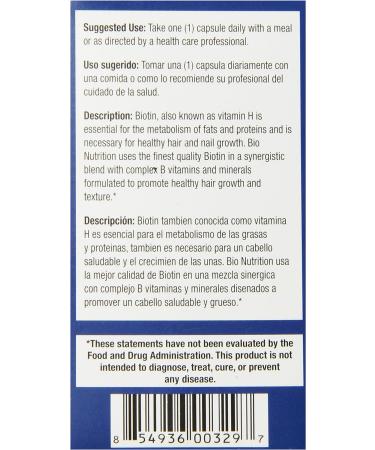 Bio Nutrition Healthy Hair Biotin Vegi-Caps 60 Count - Promote Hair Growth and Strength - Buy Online on GoSupps.com